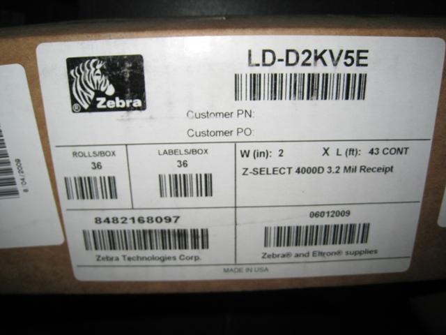New zebra ld-D2KV5E 36 rolls z-select 4000D labels 