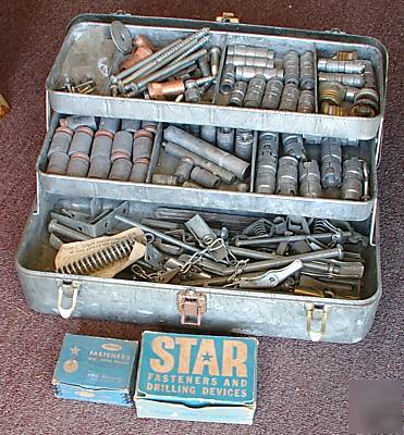 Vintage lot metal anchor fasteners with tool box