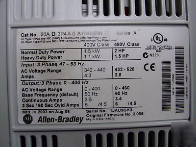 Allen-bradley adjustable frequency drive 2 hp, 480V 3PH