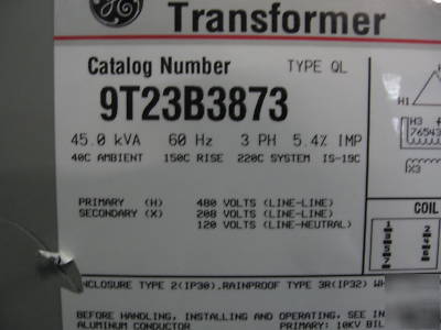 45 kva transformer pri 480V sec 208Y/120 3 ph dry type