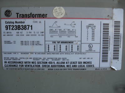 15 kva transformer pri 480V sec 208Y/120 3 ph dry type