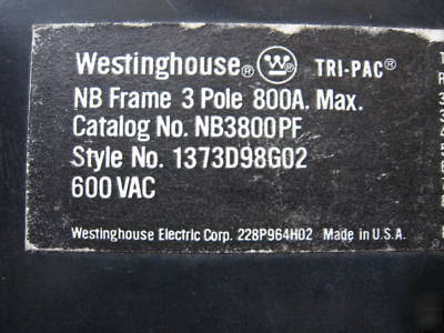 Westinghouse circuit breaker 3P 800A 600V NB3800PF 