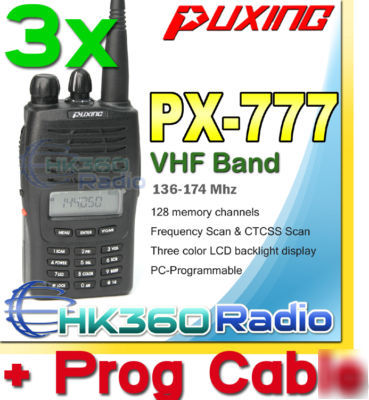 3X px-777 vhf 136-174+earpiece+prog cable+car cable