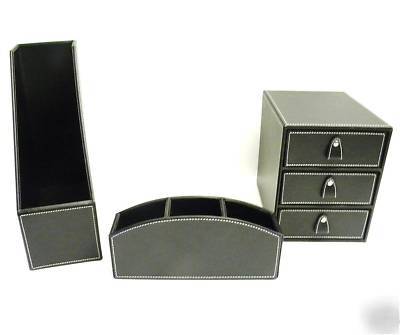 New 3 pc black leather desk organizer / desk set 