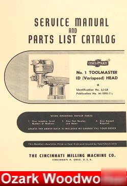 Cincinnati no. 1 toolmaster varispeed mill part manual