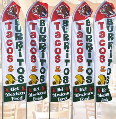 Tacos and burritos 15 ft tall feather swooper bow flag 