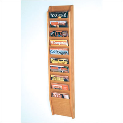 Ten pocket wall mount magazine rack wood medium oak