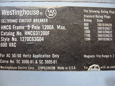 Westinghouse 1200 amp 600V circuit breaker HNCG31200F