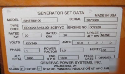20KW generac diesel generator - mfg. 2003