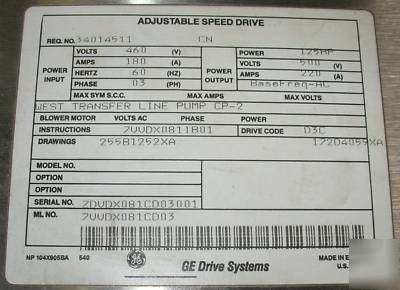Ge dc-300 adjustable speed dc motor drive 500V 125HP 