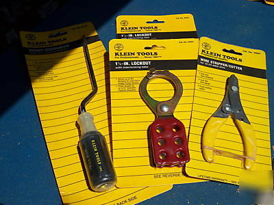 Klein rotary screwdriver, lockouts, and wire stripper