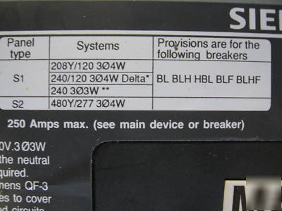 Siemens 250 amp 208V 3P4W main breaker panel indoor 