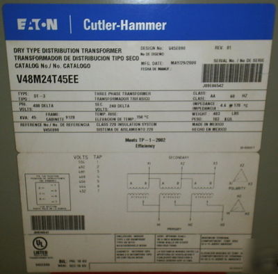 Cutler V48M24T45EE 45KV 480V 240V 3PH delta transformer