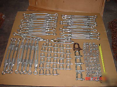 Turnbuckles, clevis and u-bolts, wire rope, used once.