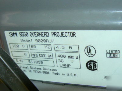 3M 9550 portable overhead projector w/high-low lamp