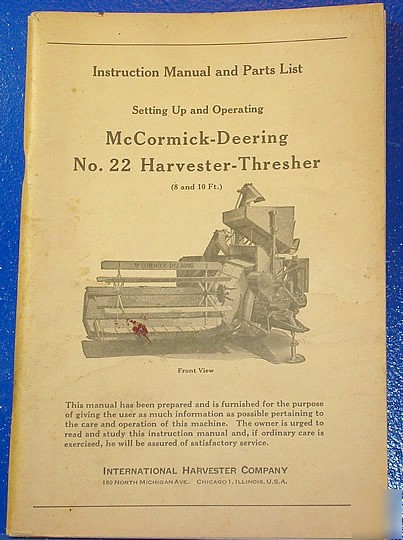 1943 ih mccormick no. 22 harvester-thresher manual
