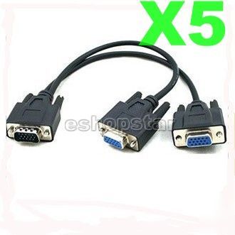 5X vga male to 2 female y splitter cable pc monitor lcd