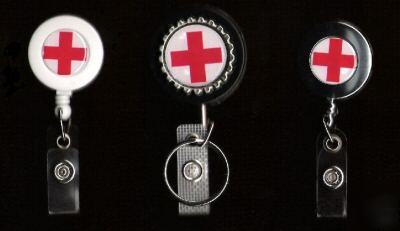 3 retractable id card badge reels pulls lot - red cross