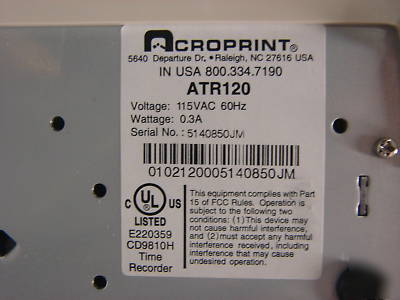 Acroprint ATR120 time clock as-is