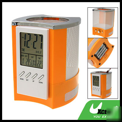 Calendar clock pen holder fm radio with mini speaker