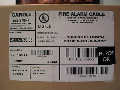 Copper wire, 2 cond 18 awg, shielded, >1000FT box alarm