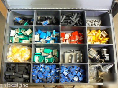 4 klein storage boxes in slide rack w/electronic parts 