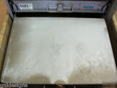 4 klein storage boxes in slide rack w/electronic parts 