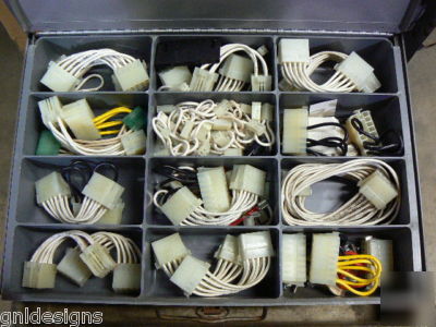 4 klein storage boxes in slide rack w/electronic parts 