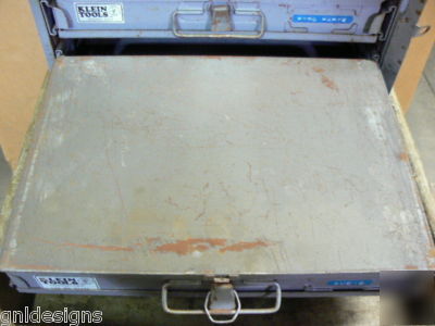4 klein storage boxes in slide rack w/electronic parts 