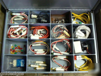 4 klein storage boxes in slide rack w/electronic parts 