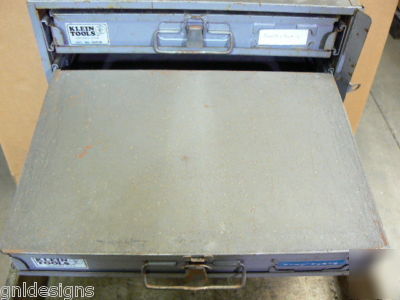 4 klein storage boxes in slide rack w/electronic parts 
