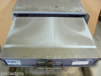 4 klein storage boxes in slide rack w/electronic parts 