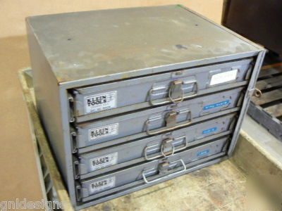 4 klein storage boxes in slide rack w/electronic parts 