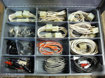 4 klein storage boxes in slide rack w/electronic parts 