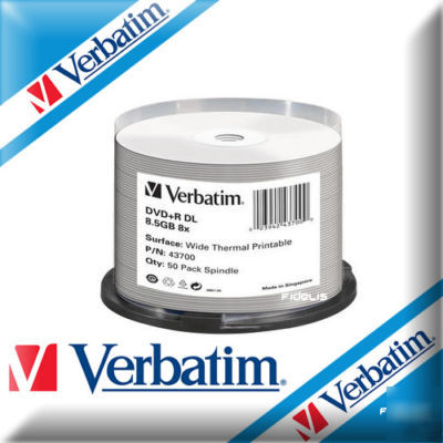 50 verbatim dvd+r wide thermal printable discs 43700