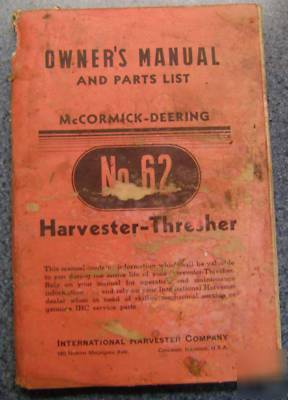 1942 mccormick deering thresher 62 owner manual & parts