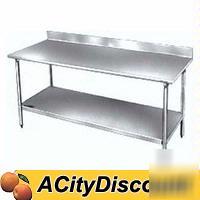 30X96 stainless top worktable w backsplash & undershelf
