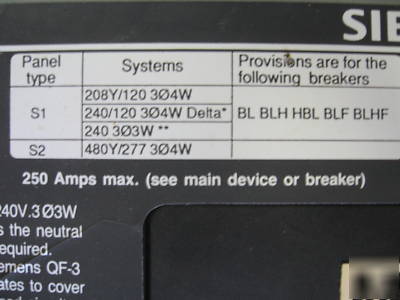 Siemens 250 amp 208/120V 3P4W main breaker panelboard 