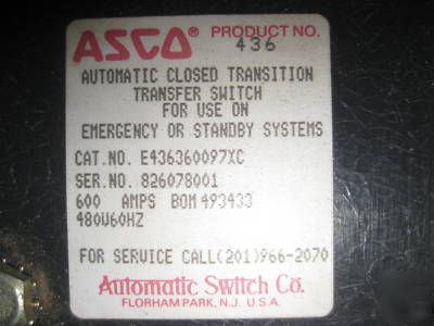 Asco 600 a amp transfer switch ats E436360097XC 480V