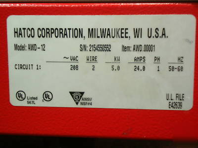 Hatco 208V atmospheric hot water heater + dispenser awd