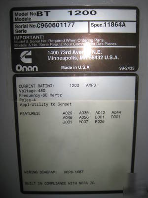 Onan 1200 a amp bypass transfer switch ats 480V bt 1200