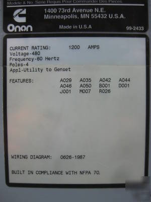 Onan 1200 a amp bypass transfer switch ats 480V bt 1200
