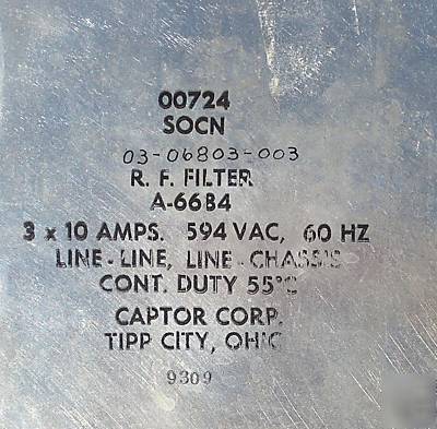 Captor r. f. filter, line-line 3 x 10 amps 594 vac