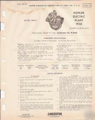 Kohler electric plant 750A21 carter carburetor manual