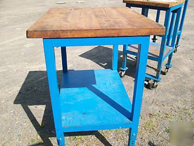 Vintage industrial butcher work table on wheels old