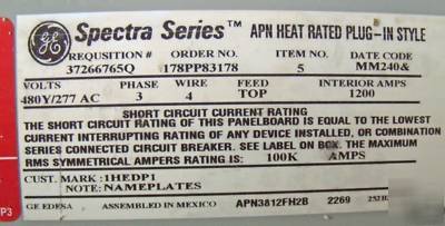  ge general electric spectra panelboard 1200 amp w/main