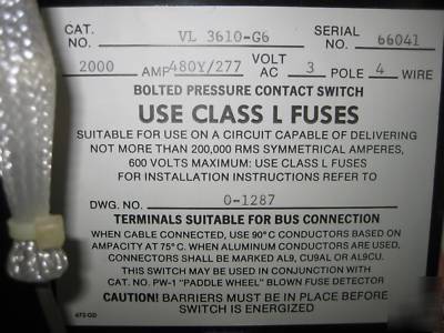 Bolt loc bolted pressure switch vl 3610 G6 2000 amp gnd