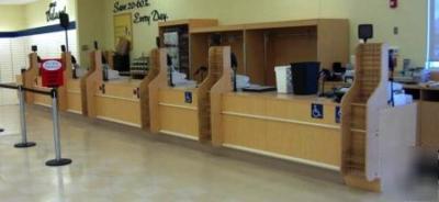 Checkout counters 6 station light oak w/ grid fixtures