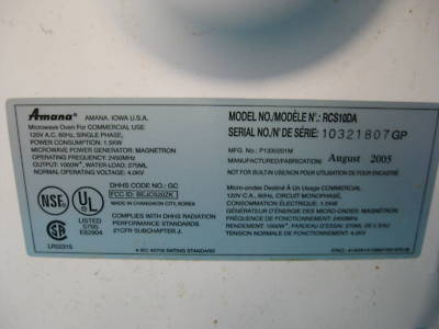 Amana commercial microwave 1000 watt model rcs-10DA