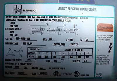 225 kva transformer 480 to 208Y/120V, 3PH. nema-1